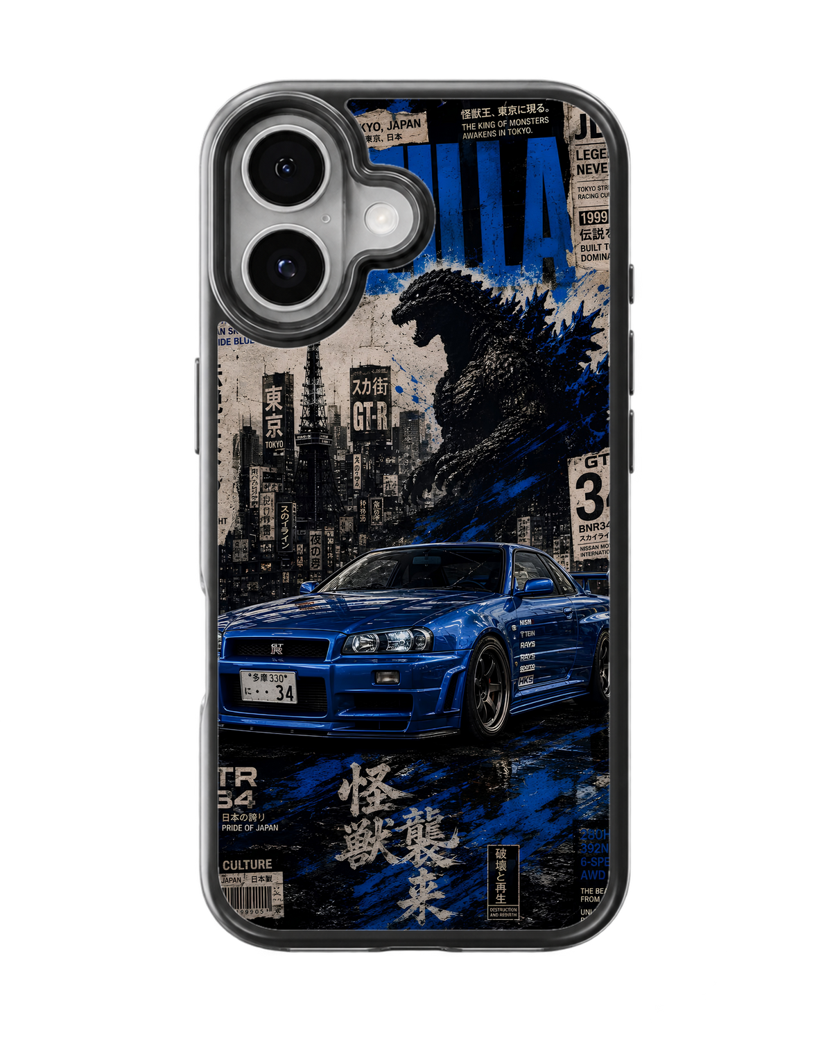 Blue Nissan GTR R34 & Godzilla Japanese Street Racing Premium Glass Covr