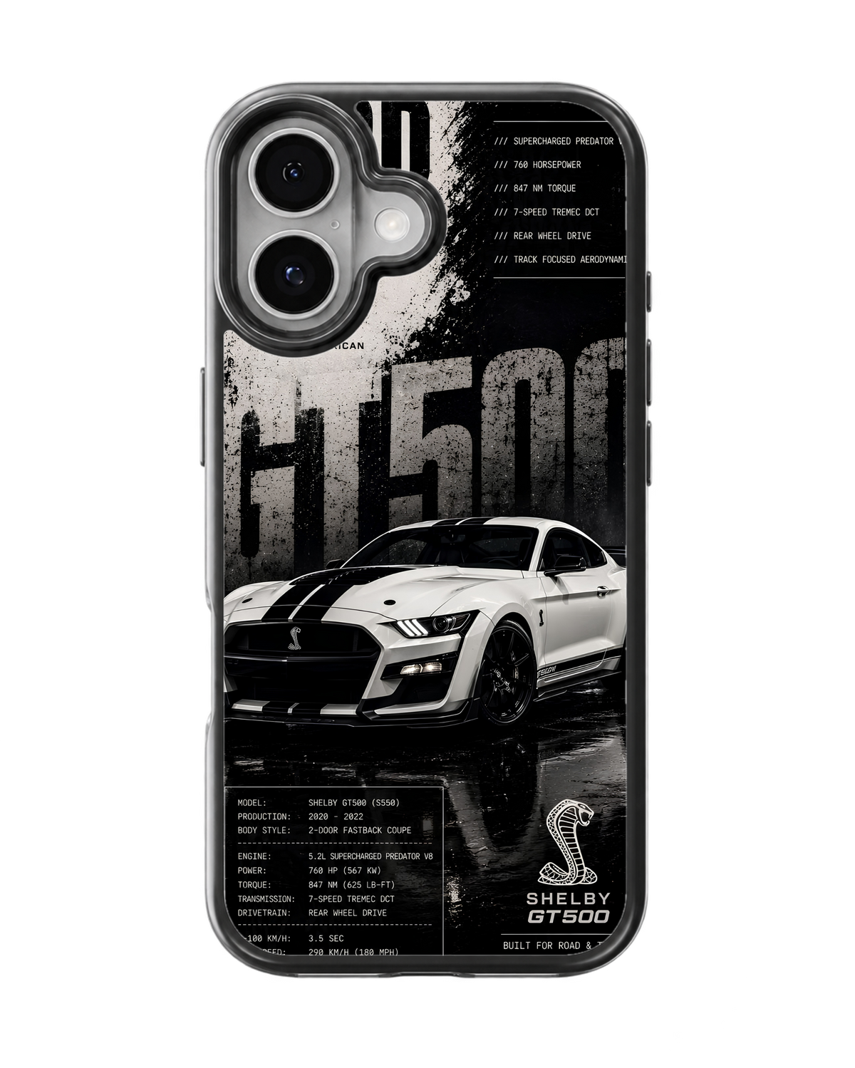 Shelby GT500 Mustang Black & White Muscle Car Premium Glass Phone Covr