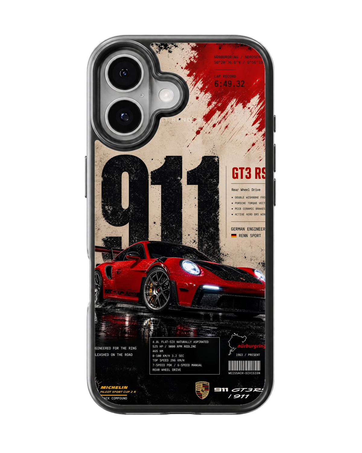 Porsche 911 GT3 RS Red Nurburgring Racing Poster Aesthetic Premium Glass Covr